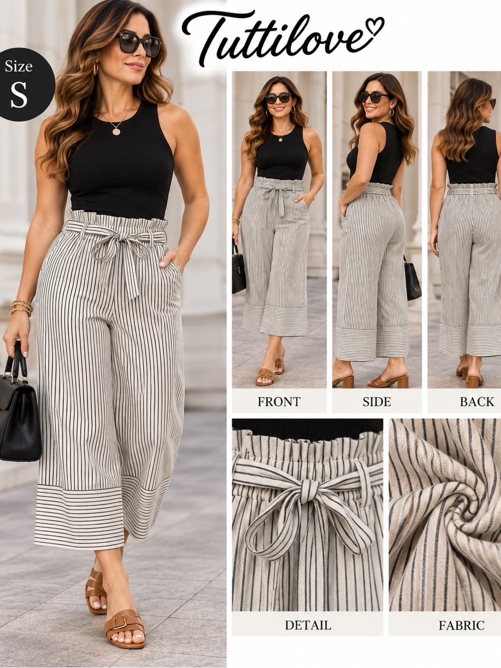Women's High-Waist Striped Paperbag Wide-Leg Pants in Black & Cream